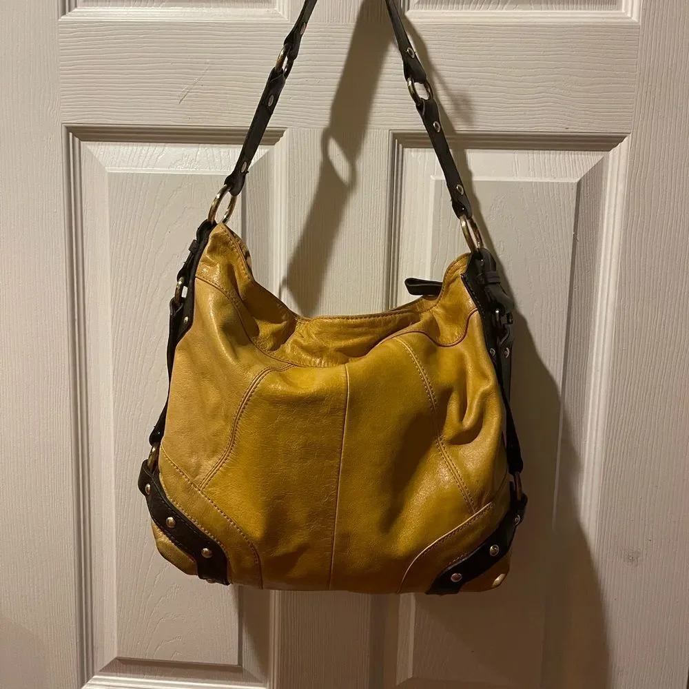 Tasche leather mustard yellow shoulder bag brown trims &strap gold tone studs
